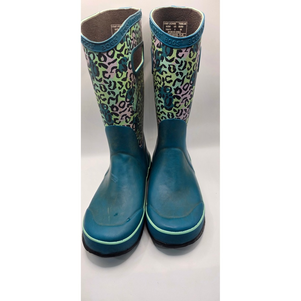 Bogs Classic High Waterproof Rain Boots Teal Leopard Print Youth 3 78806-448